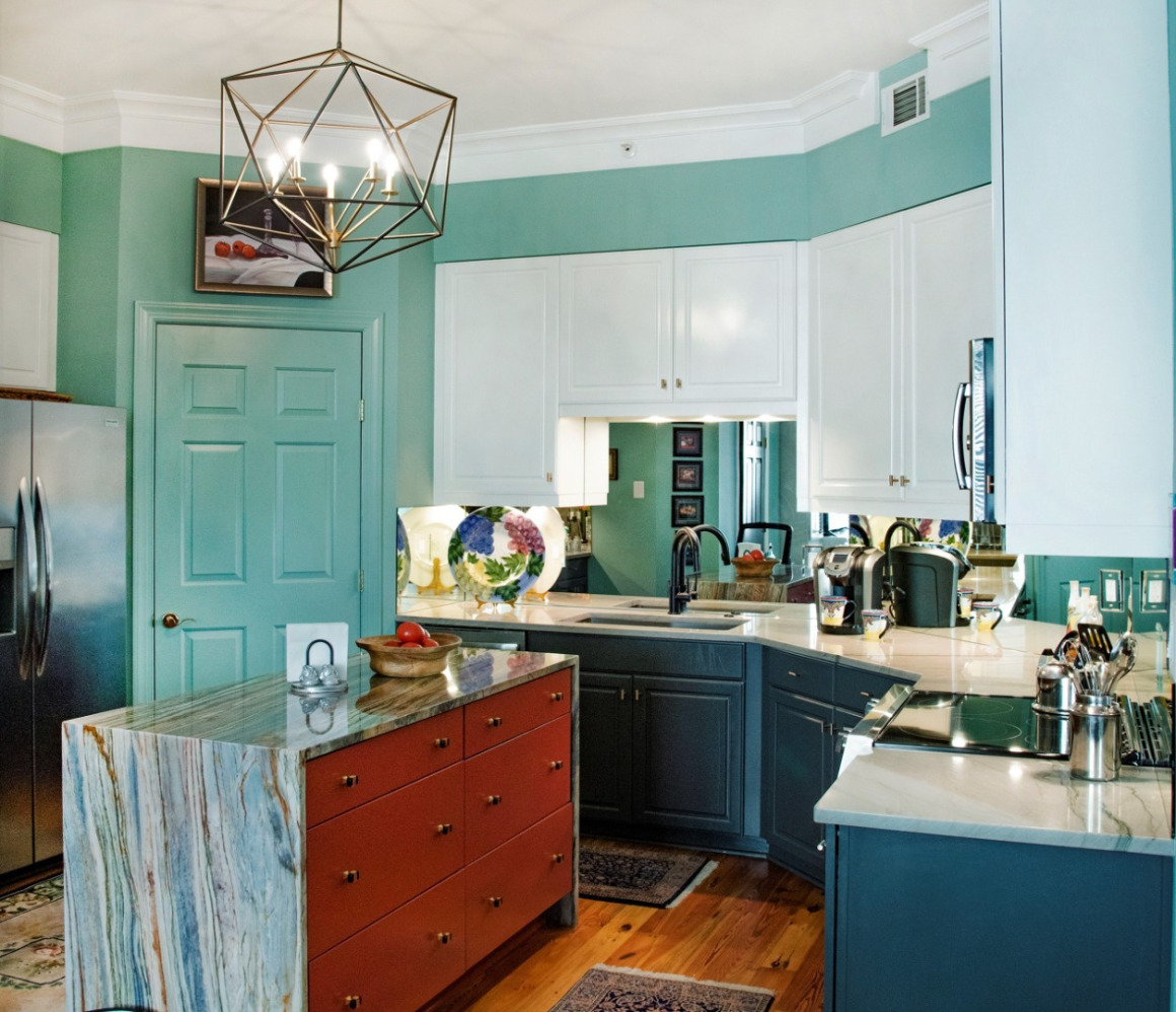 Green kitchen walls Charleston condo interior design
